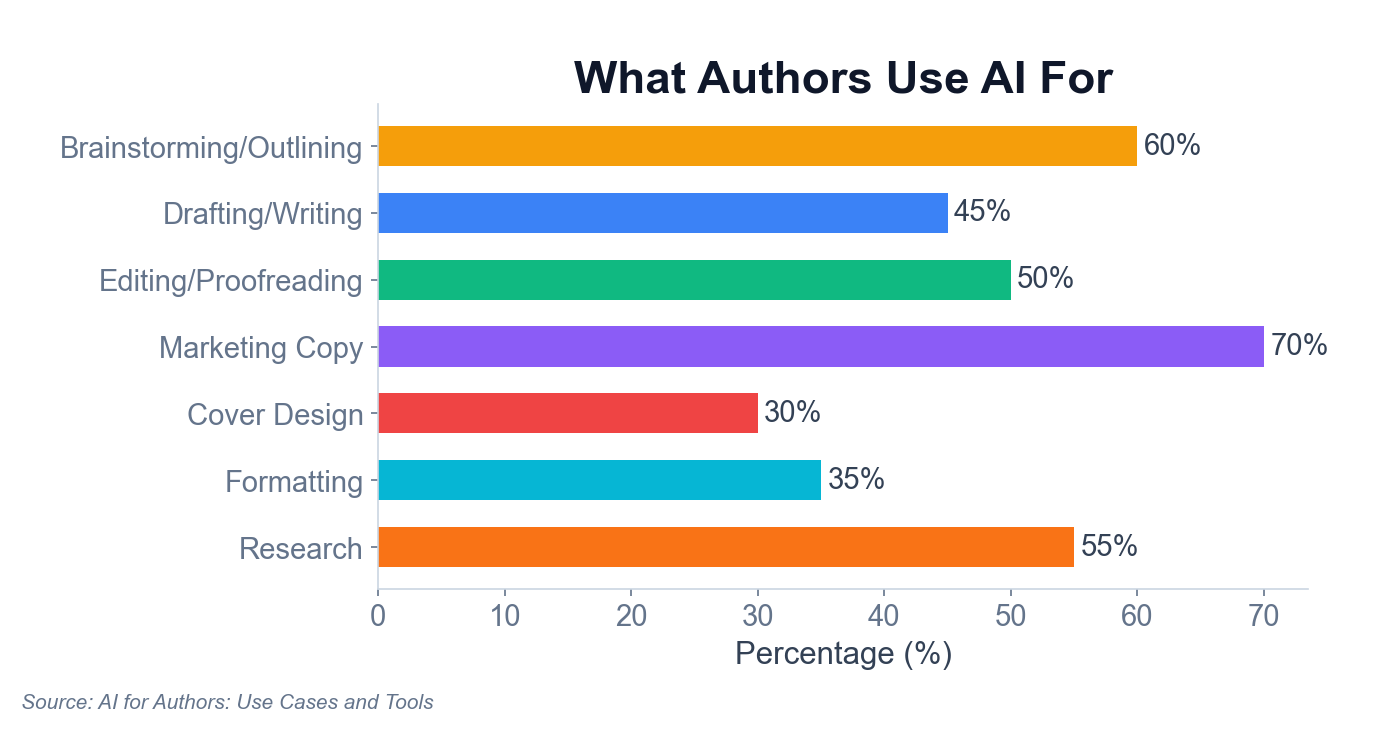 Ce pour quoi les auteurs utilisent l'IA — Brainstorming/Planification : 60 %, Rédaction/Écriture : 45 %, Édition/Relecture : 50 %, Textes marketing : 70 %, Conception de couverture : 30 %, Mise en forme : 35 %